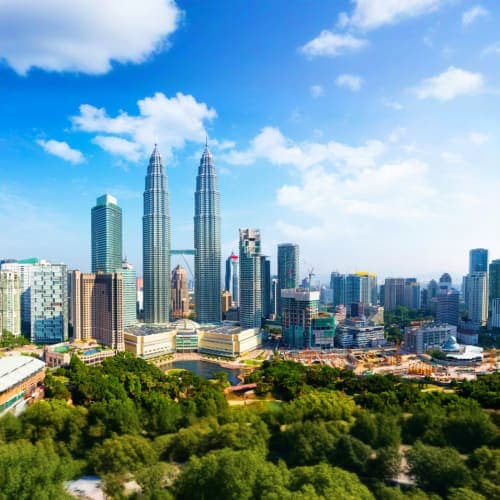 Petronas Twin Towers skyline with surrounding Kuala Lumpur cityscape and green park areas under blue sky with white clouds