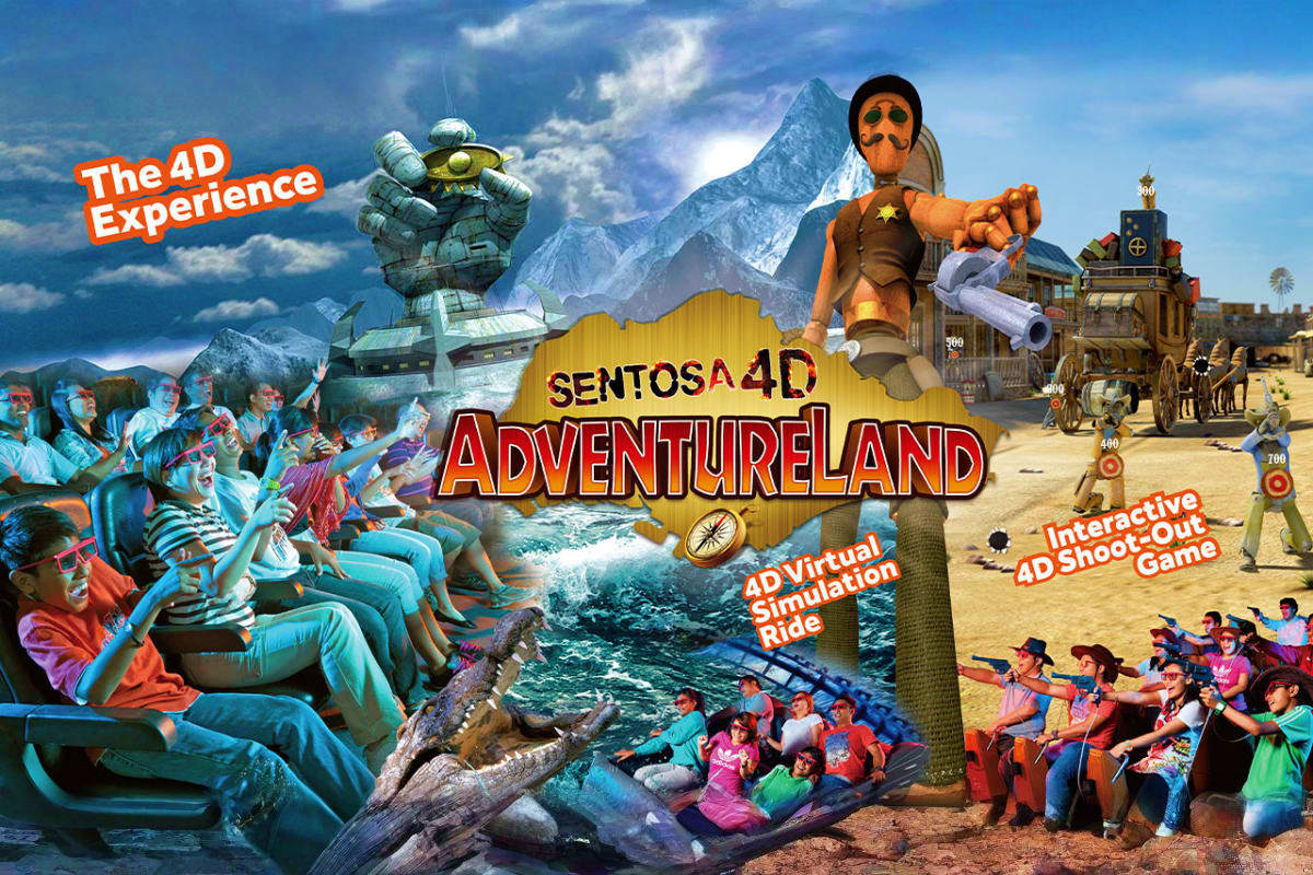 Sentosa 4D AdventureLand Sentosa 4D AdventureLand promotional image showing 4D virtual simulation ride, interactive 4D shoot-out game, and visitors ex