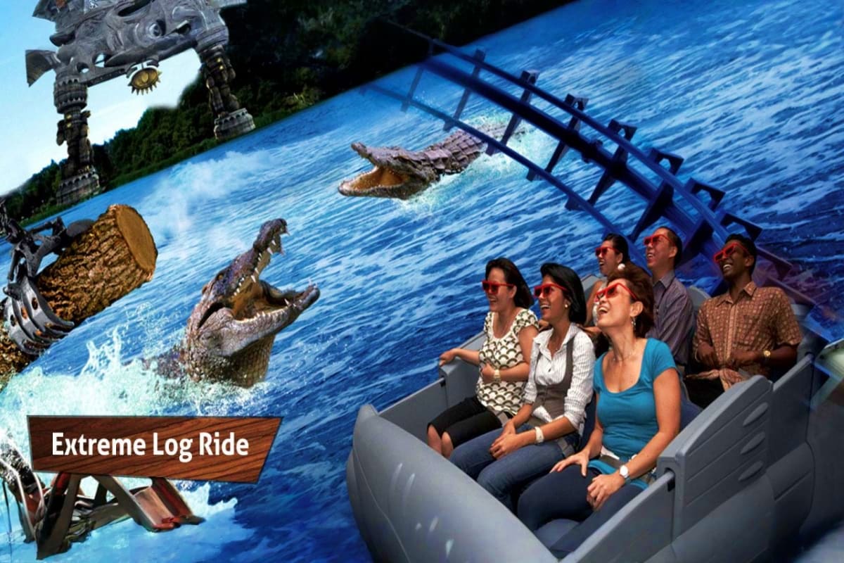 Riders on the Extreme Log Ride at Sentosa 4D AdventureLand experiencing a water splash with crocodile-themed scenery and wood