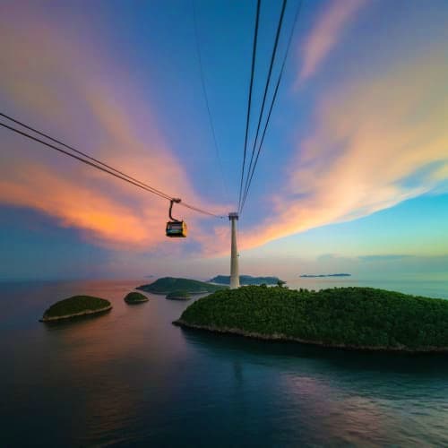 Cable car over tropical islands at sunset with mountain tower and ocean view