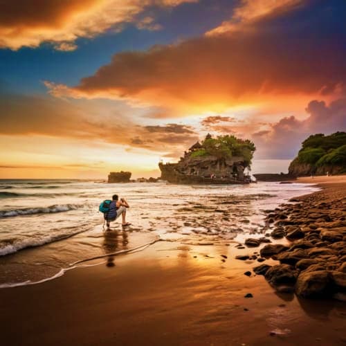 Couple wading in shallow water at Tanah Lot temple during golden sunset with rocky coastline and dramatic orange sky