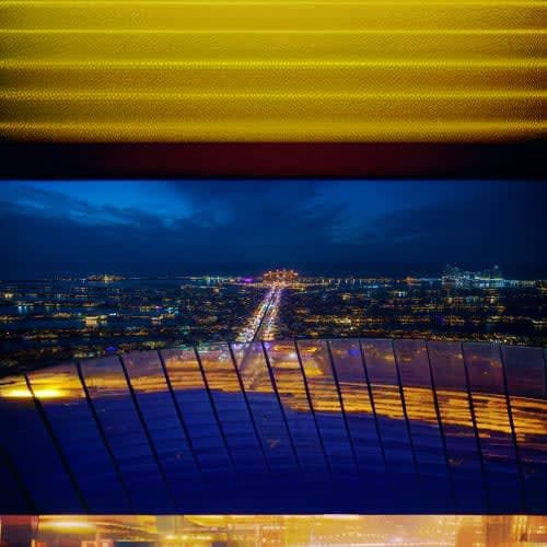 Night cityscape view of Dubai from high-rise observation deck with illuminated highway and buildings below