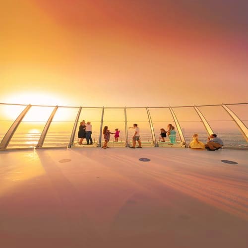 Children and adults exploring a modern glass observation deck at sunset with panoramic city views of Dubai in the background