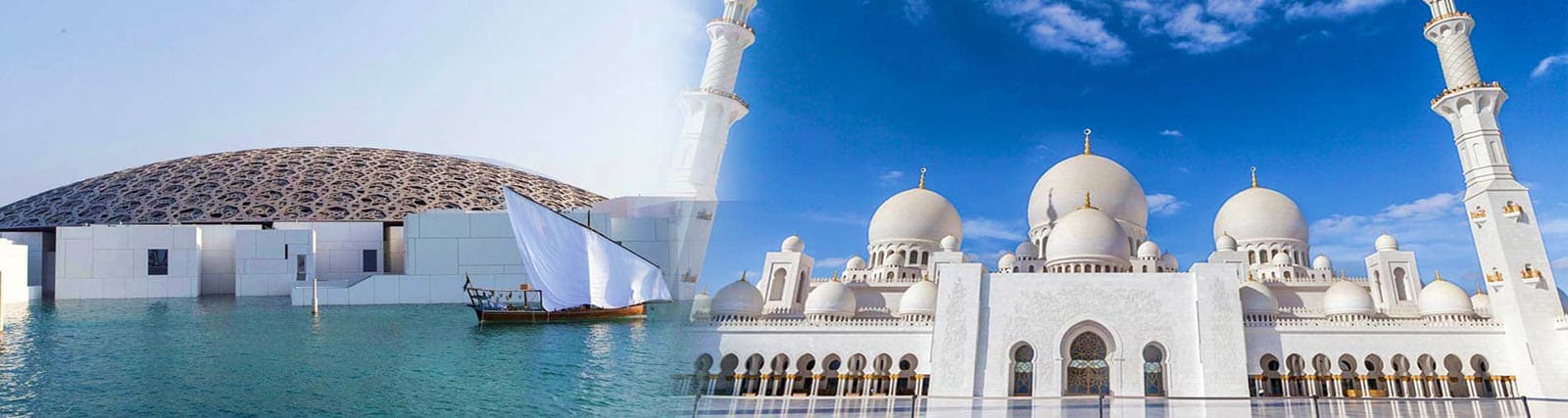 White mosque with multiple domes and minarets reflected in turquoise water, traditional wooden boat in foreground