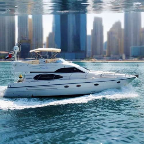 White luxury yacht cruising on water with Manhattan skyline in background