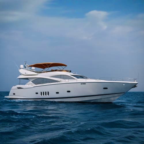 Luxury white motor yacht with extended canopy anchored in calm blue ocean waters under clear sky
