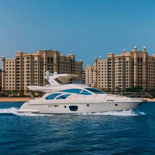 Luxury white motor yacht anchored in turquoise water with modern beige apartment buildings in background under clear blue sky