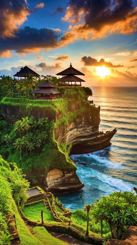 Clifftop temple with traditional Balinese architecture at sunset overlooking ocean waves and tropical vegetation on rocky coa