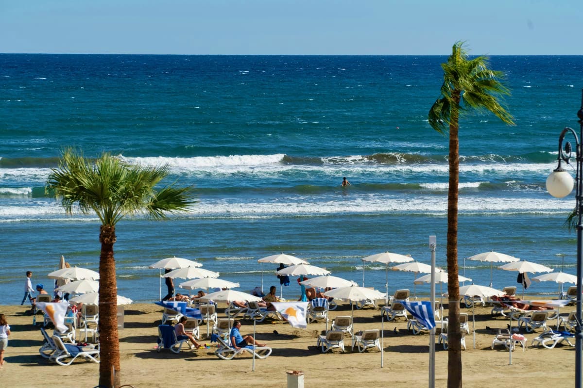 Busy beach scene with white umbrellas, loungers, and beachgoers in clear blue waters with palm trees along the sandy shore