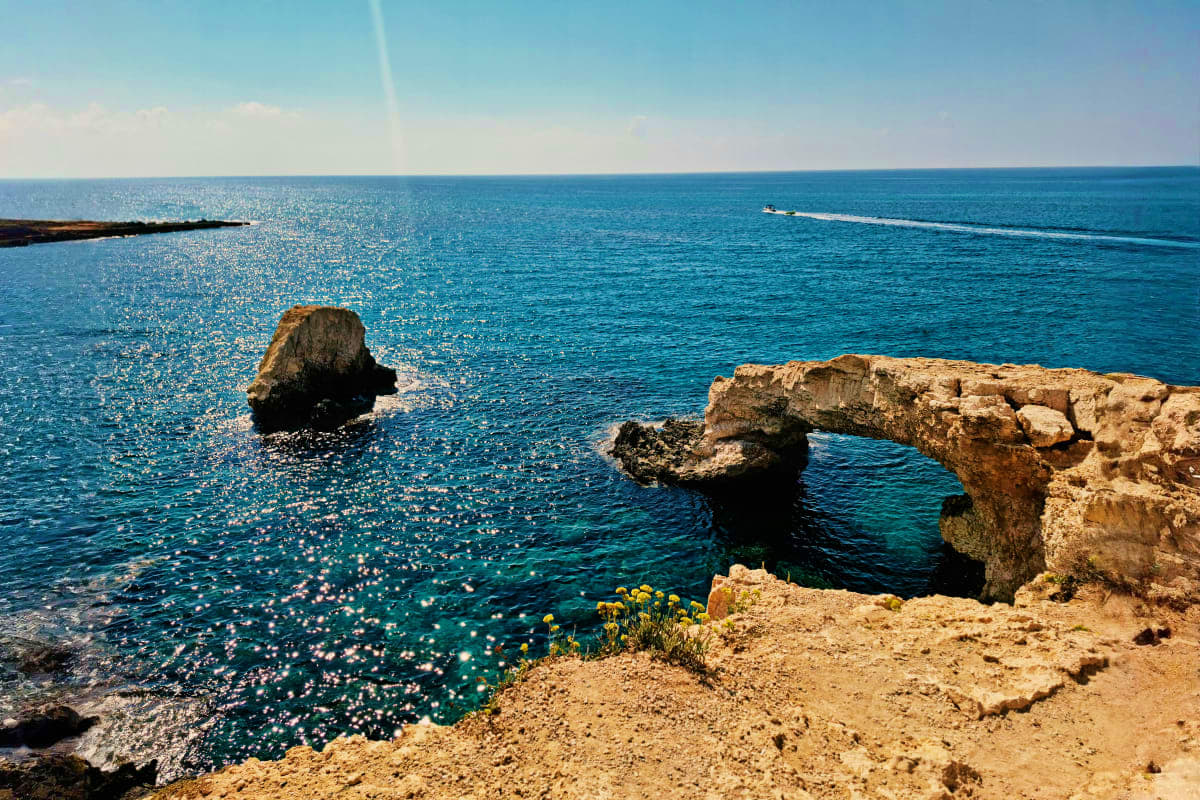 Rocky limestone arch formations overlooking turquoise Mediterranean Sea with sandy coastline and wildflowers in Cyprus