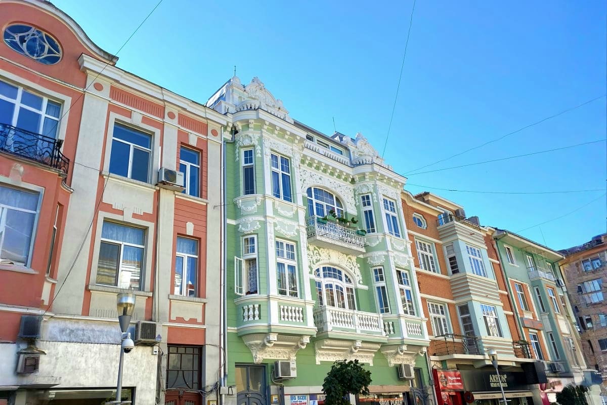Row of colorful historic buildings with ornate architecture and turrets in Sofia city center, Bulgaria