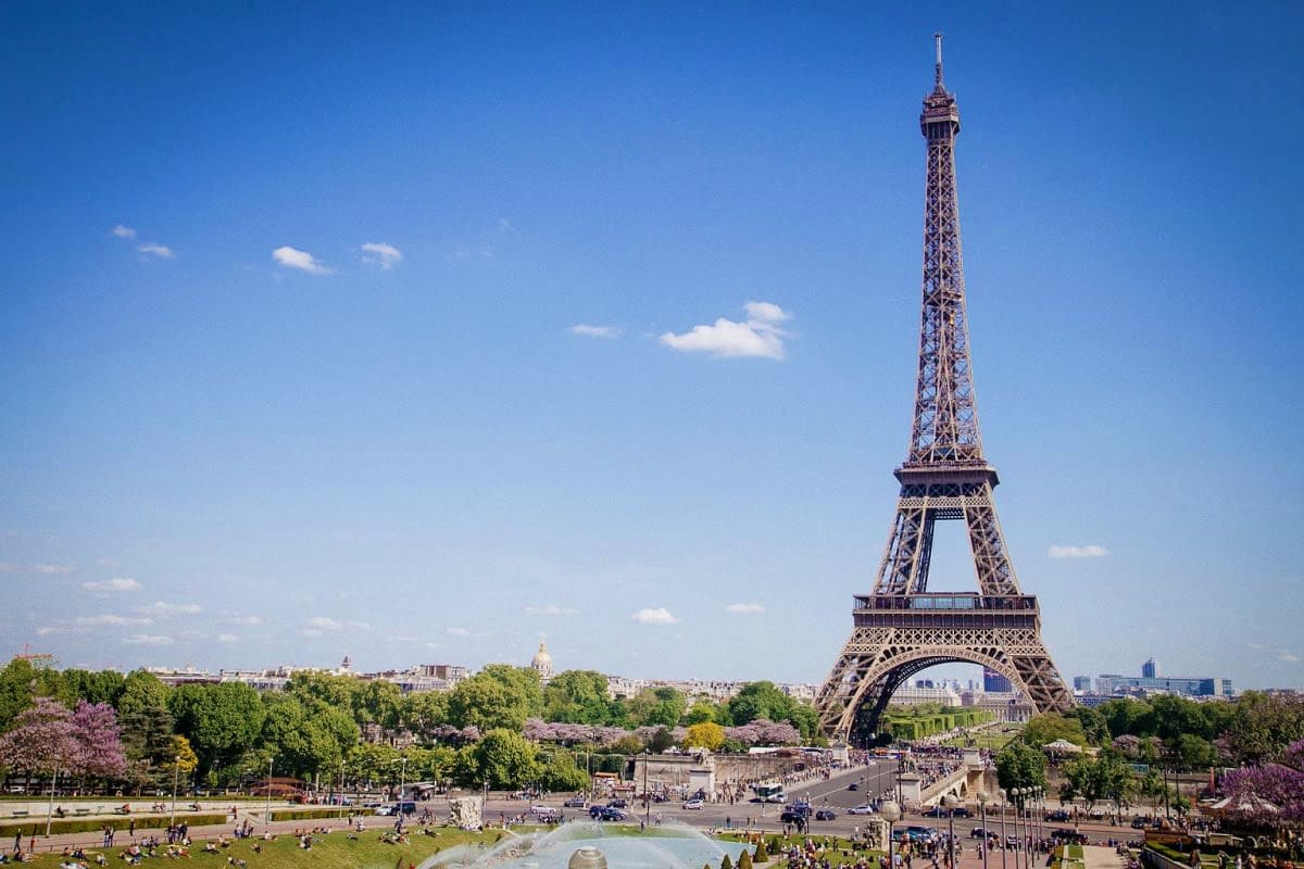 Eiffel Tower in Paris with Trocadéro gardens, visitors on lawn, and city skyline under clear blue sky
