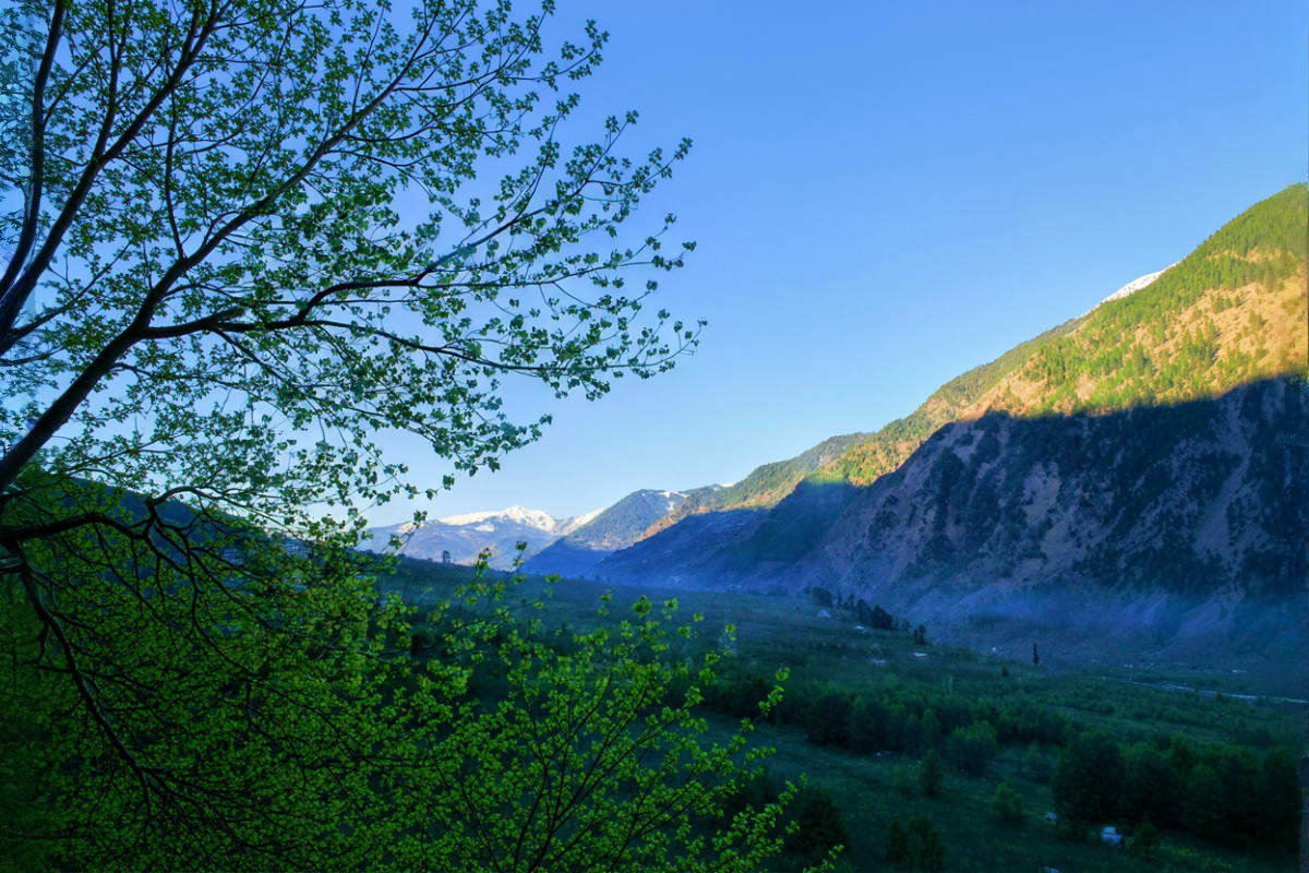 Mountain valley landscape with snow-capped peaks, green forested slopes, and spring foliage in the Himalayas near Shimla-Mana