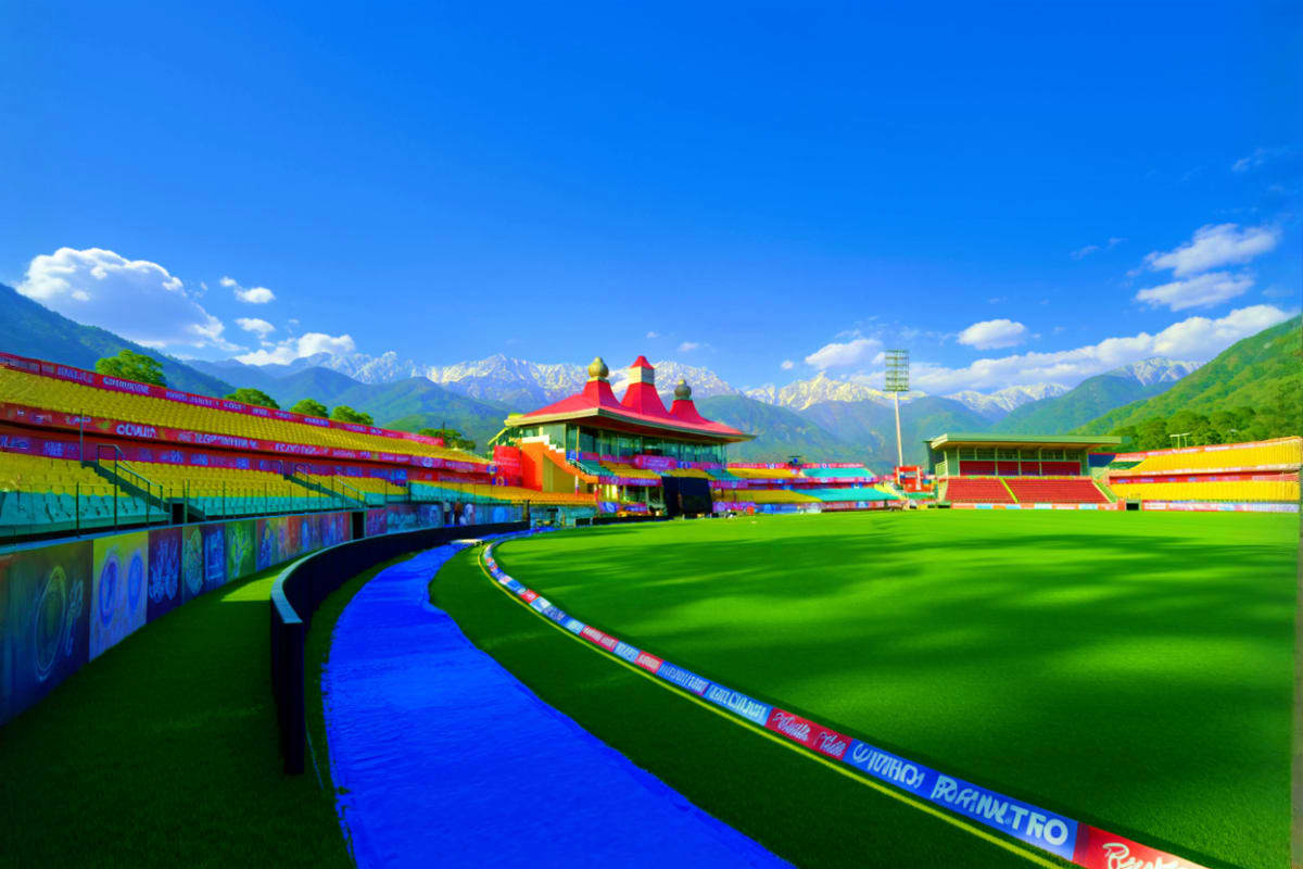 Colorful cricket stadium in Himachal Pradesh with snow-capped mountains in background and green playing field