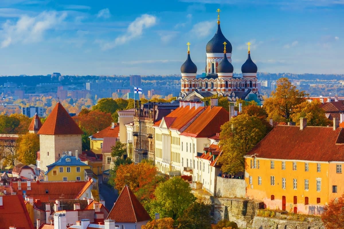 Tallinn old town skyline with Alexander Nevsky Cathedral's golden domes and medieval architecture in autumn
