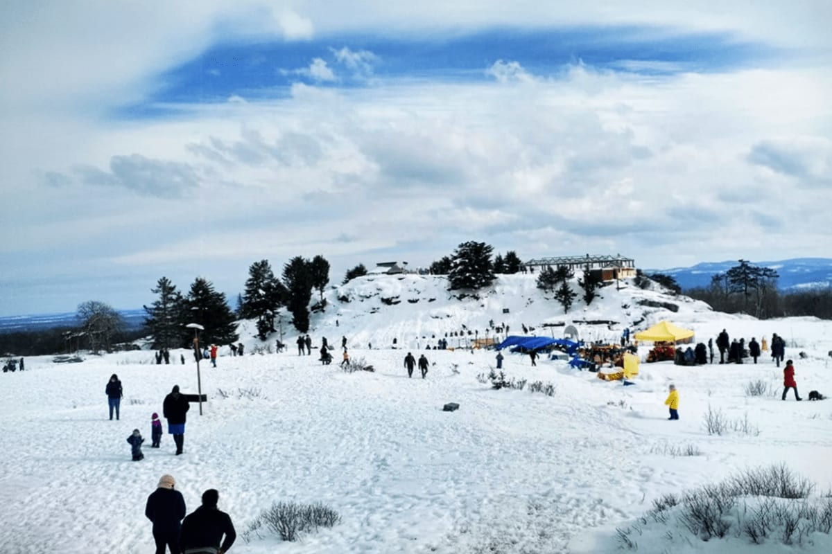 Snowy hillside with visitors and yellow umbrellas, mountains visible in background under cloudy sky