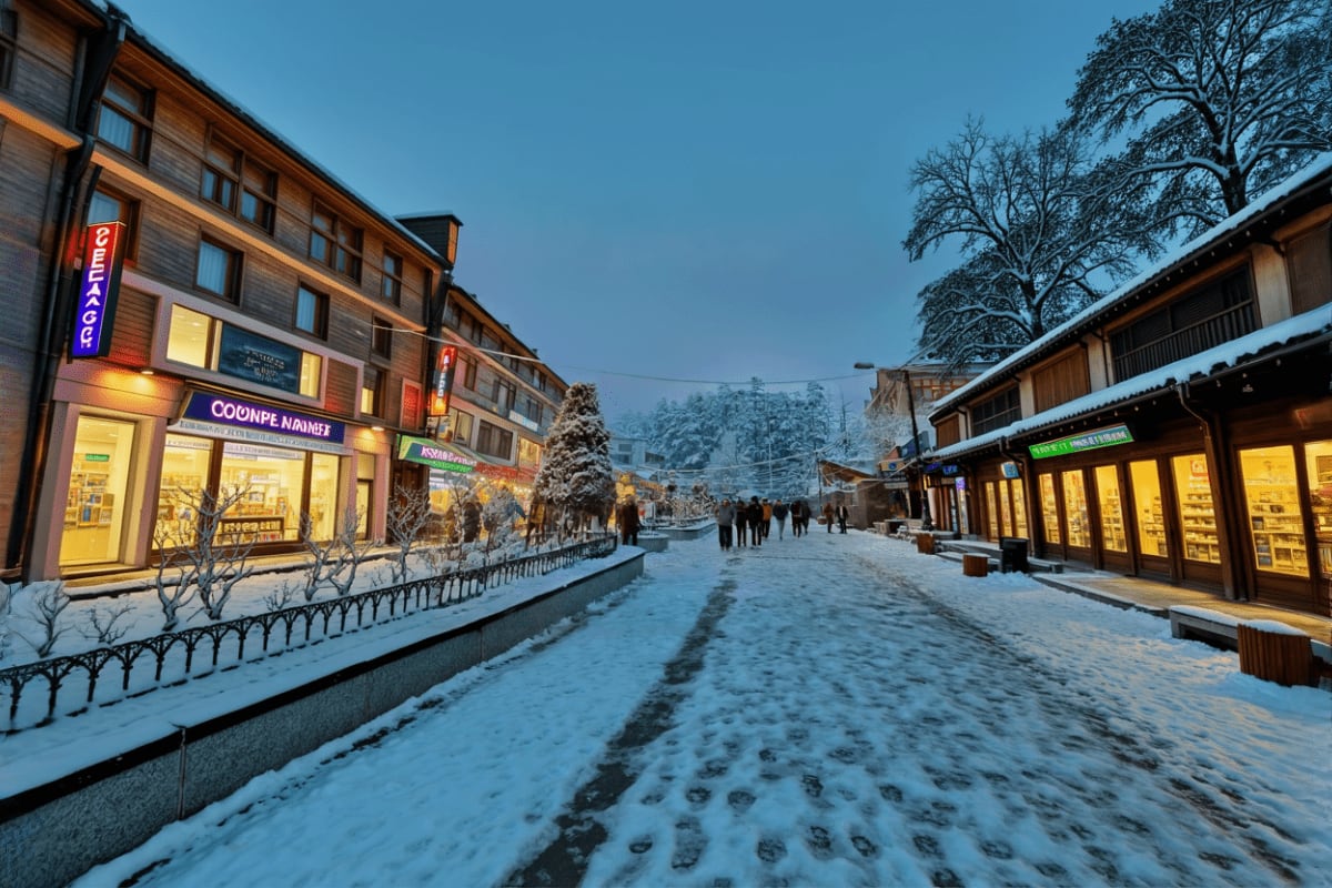 Snow-covered shopping street in Manali at dusk with illuminated storefronts, snow-laden trees, and pedestrians walking along