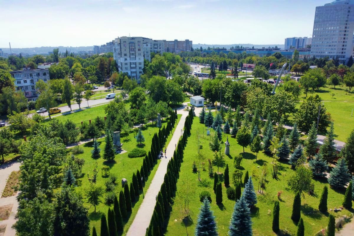 Aerial view of a green cemetery with cypress trees, white pathways, and apartment buildings in the distance under clear sky