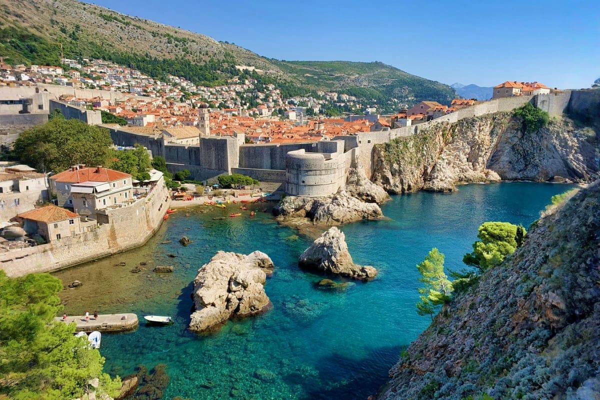 Medieval walled city of Dubrovnik with terracotta roofs, stone fortifications, and turquoise Adriatic Sea waters surrounded b