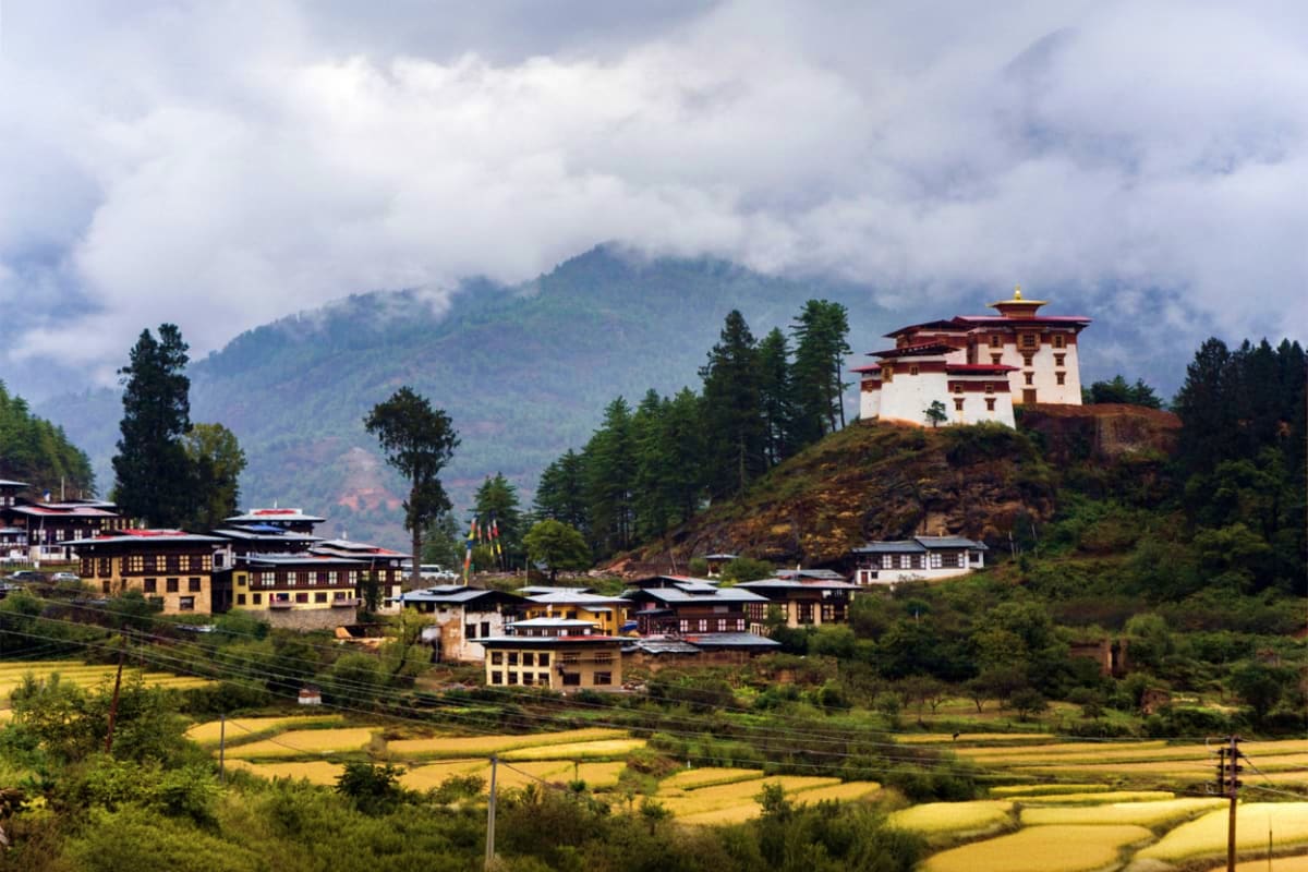 Paro Taktsang monastery perched on a hilltop with traditional Bhutanese buildings and golden mustard fields in valley below