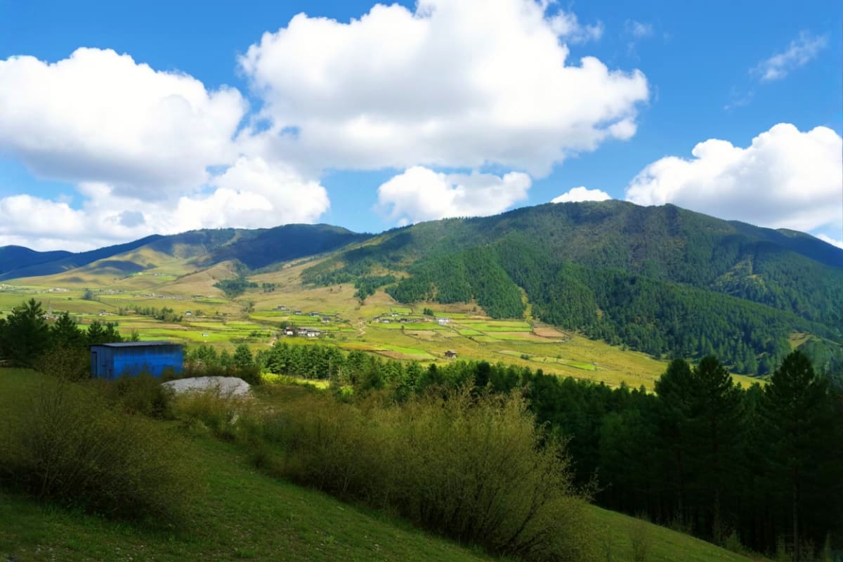Scenic mountain valley landscape in Bhutan with forested hills, green meadows, scattered buildings, and a blue structure in t