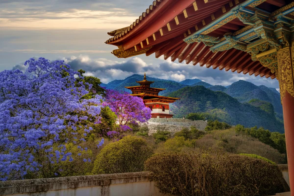 Traditional Bhutanese temple with golden roof overlooking blooming jacaranda trees and forested mountains in Bhutan's Punakha