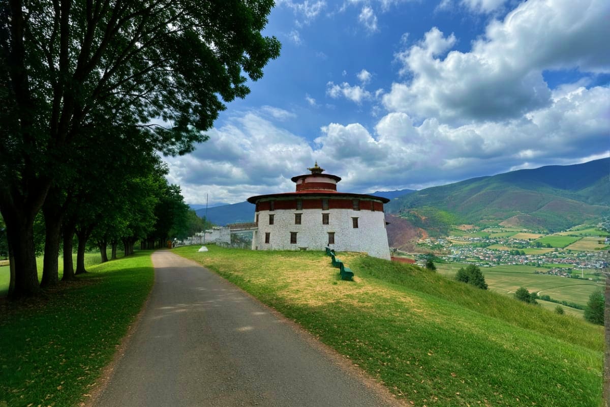 Rinpung Dzong fortress with white walls and red roof overlooking Paro Valley, tree-lined path in foreground, mountains and gr