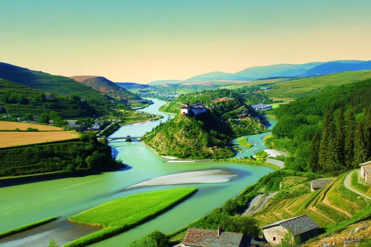 Aerial view of turquoise river winding through green valleys with terraced fields, forests, and traditional stone buildings i