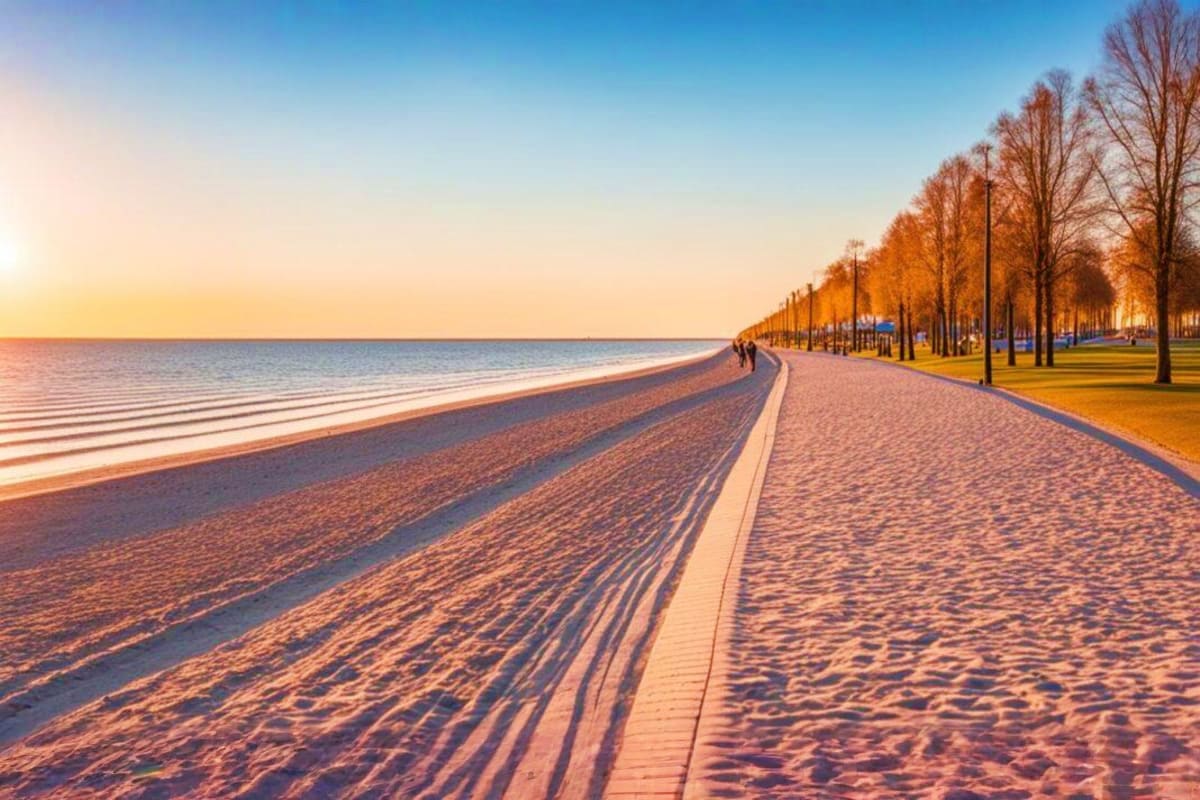 Scenic Baltic Sea beach boardwalk at sunset with bare trees lining the sandy shore in Estonia