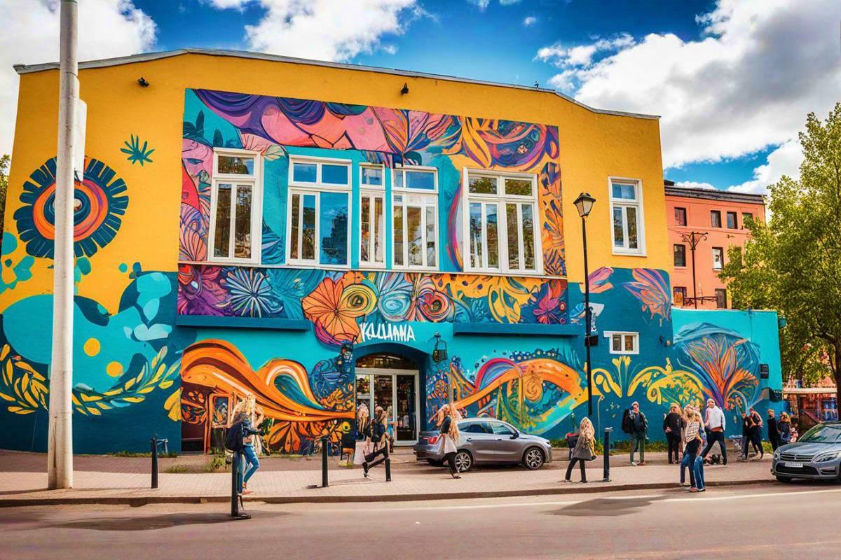 Colorful street art mural on building facade in Tallinn with blue and yellow paint, floral designs, and pedestrians walking i