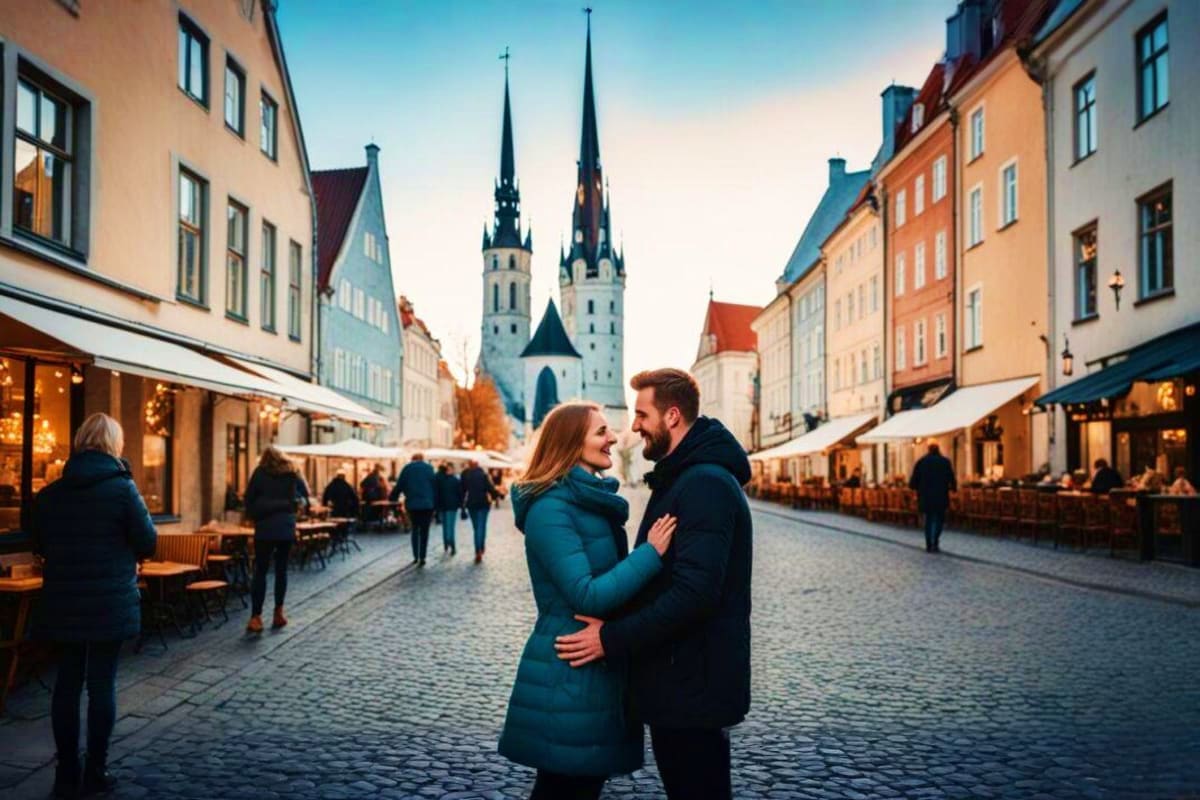 Couple embracing in Tallinn's historic Old Town square with twin-spired Alexander Nevsky Cathedral and medieval architecture 