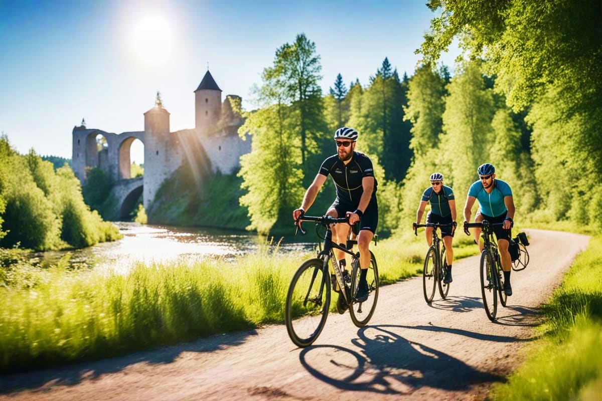 Three cyclists riding on a path along a river with a medieval castle and evergreen forest in the background on a sunny day