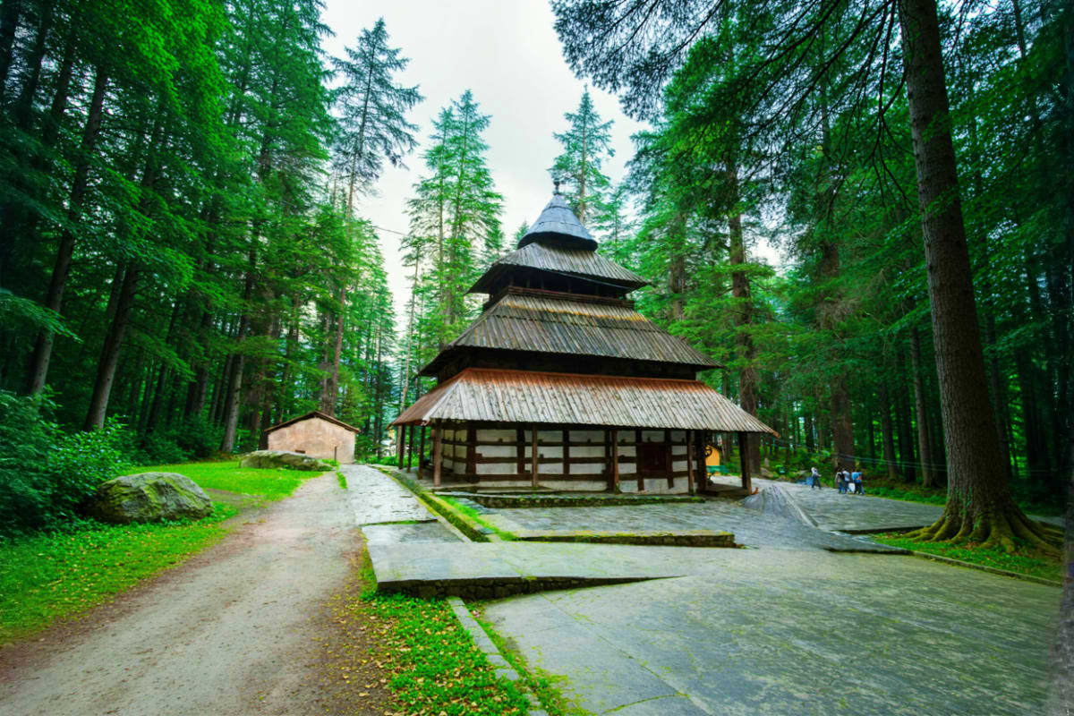 Traditional wooden temple with tiered roofs nestled among tall conifer trees in Himachal Pradesh forest landscape