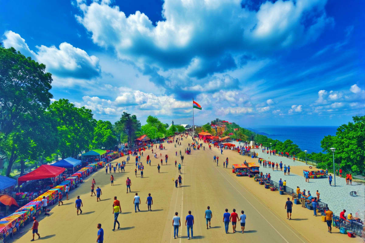 Chandigarh to Himachal Scenic Tour With Manali And Shimla Highlights Crowded beach festival or fair with colorful vendor tents, flag, and tourists under blue sky with white clouds and ocean back