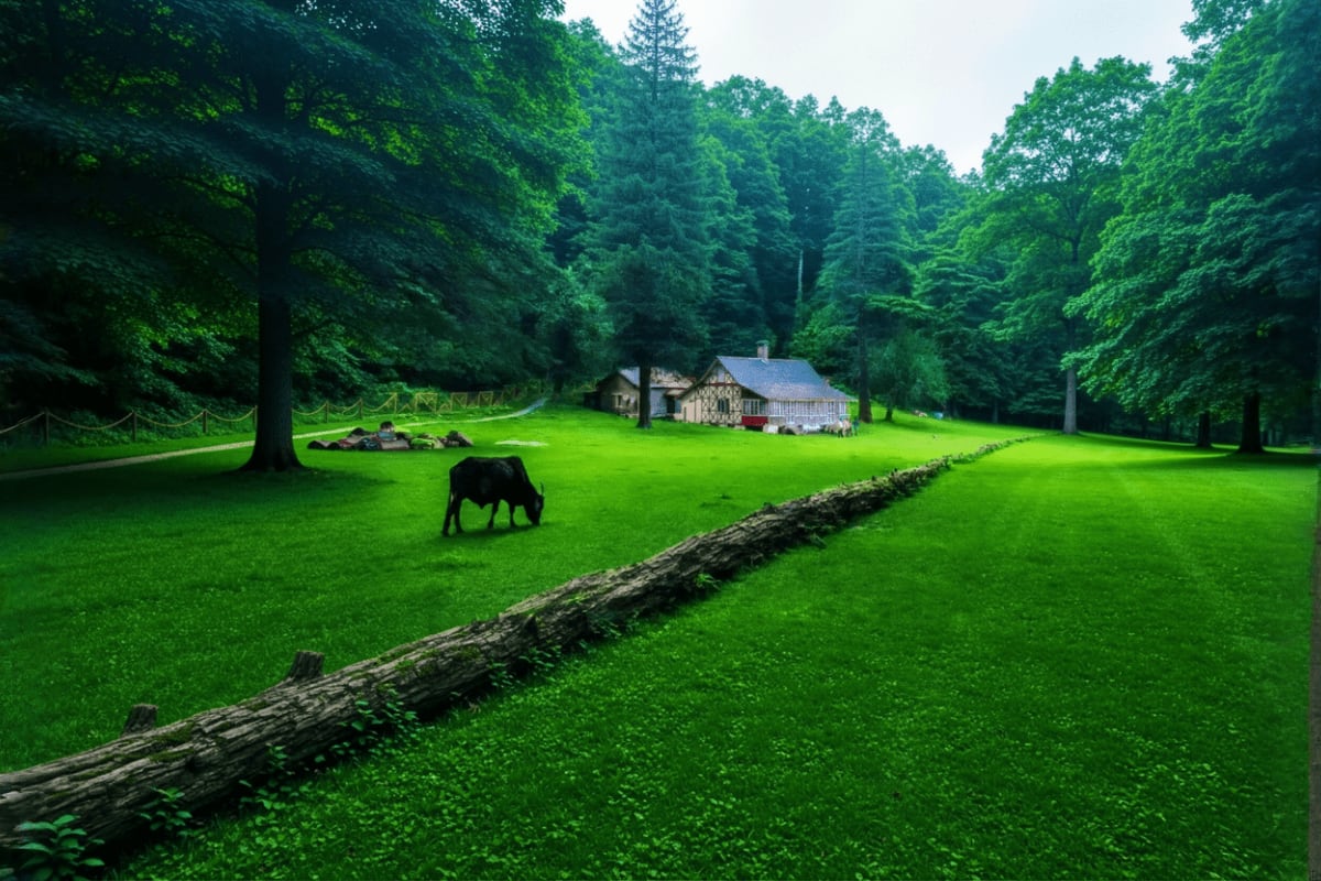 Best of Himachal with Amritsar from Dharamshala Dalhousie and Golden Temple Pastoral meadow with grazing cow, fallen log, traditional stone cottage, and dense forest in Himachal Pradesh landscape
