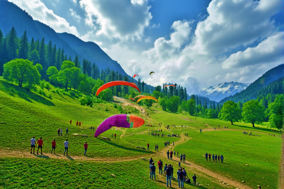 Himachal Family Explorer with Nature Temples and Snow Valleys Multiple colorful paragliders soaring above a lush green valley in the Himalayas with snow-capped peaks and spectators below