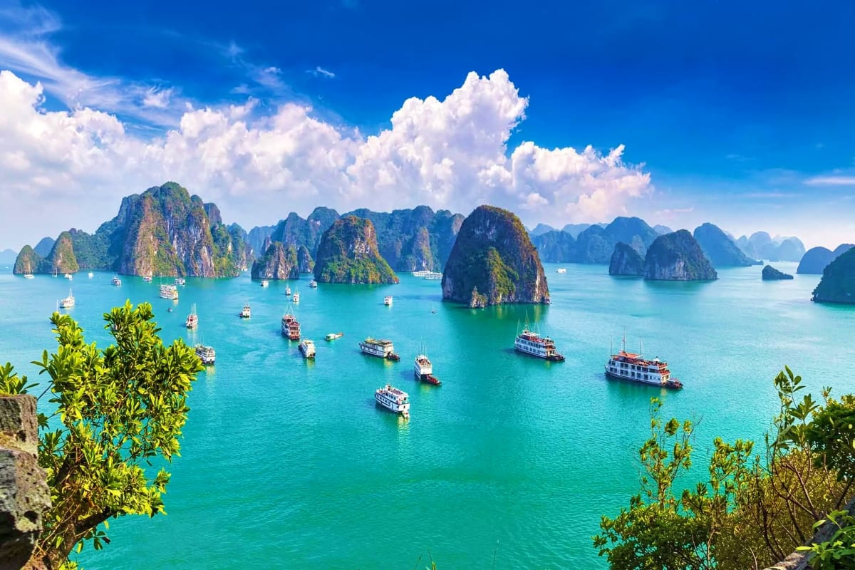 Turquoise bay with limestone karst islands and tour boats in Ha Long Bay, Vietnam tropical seascape