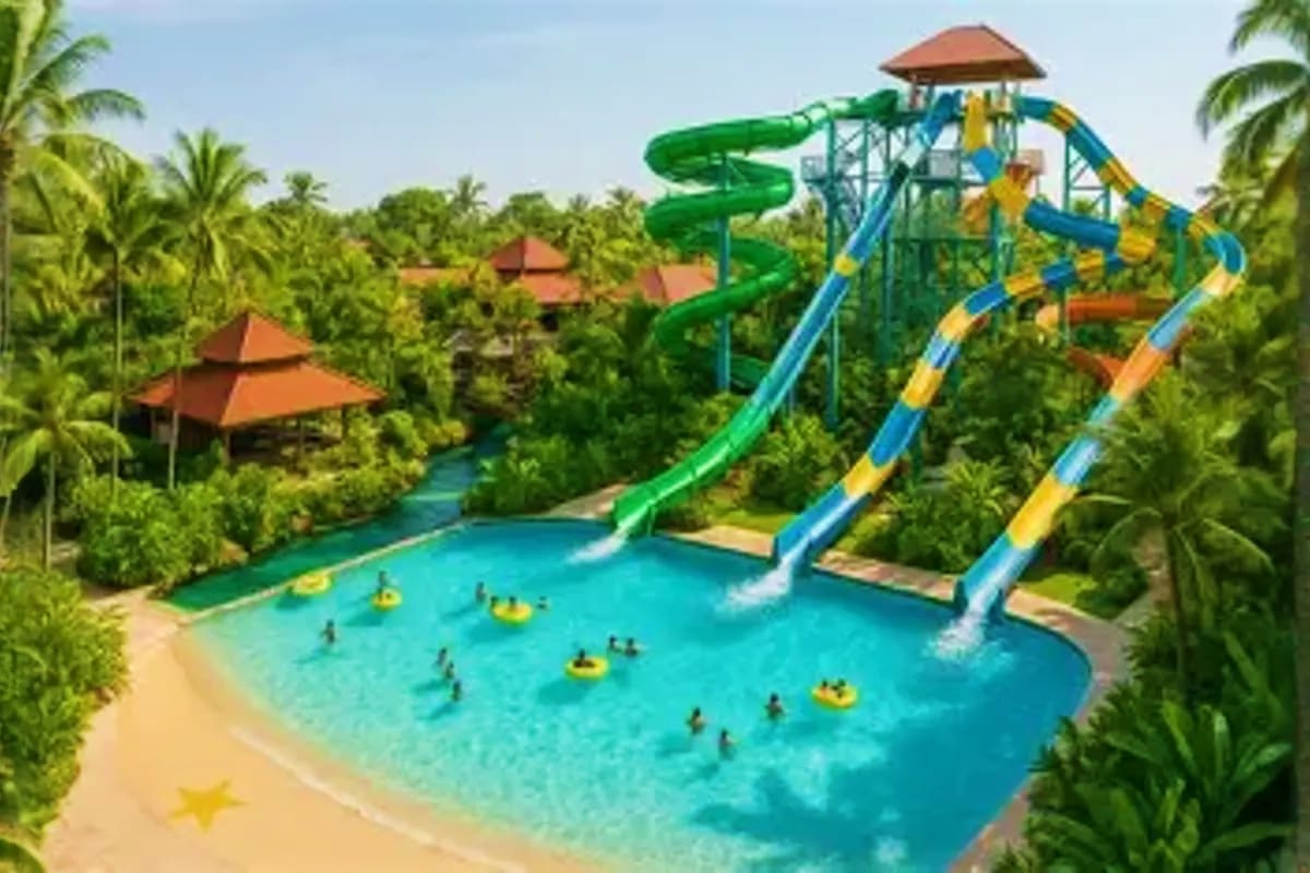 Tropical water park with multiple colorful water slides, turquoise pool with swimmers and yellow floats, sandy beach, palm tr