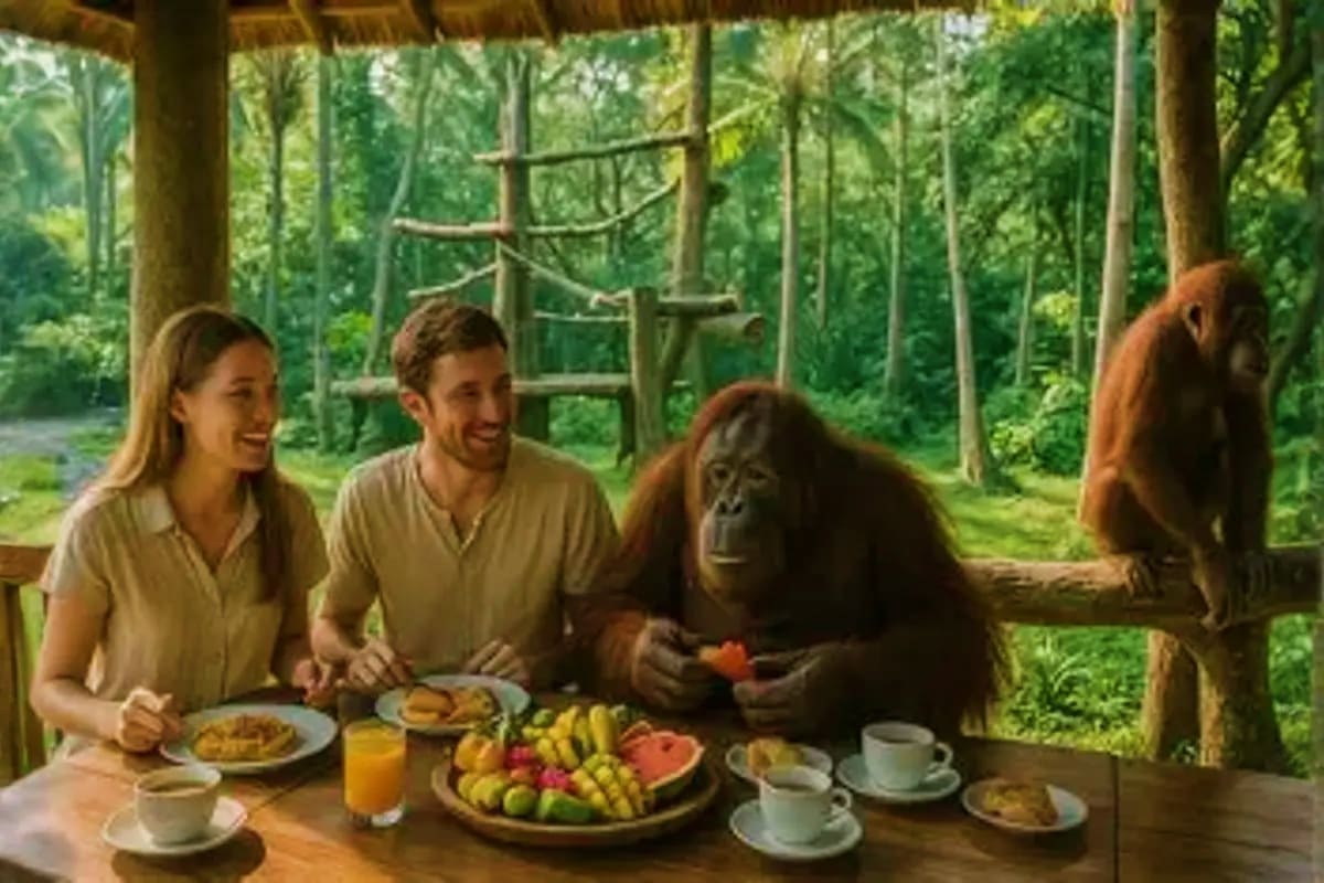 Family dining with orangutans in a jungle shelter with wooden structures and lush forest background in Bali