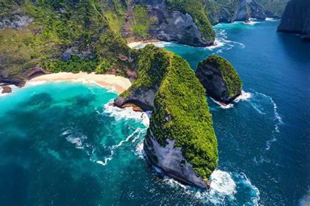 Aerial view of Kelingking Beach cliffs in Nusa Tenggara with turquoise ocean waters and lush green vegetation covering dramat