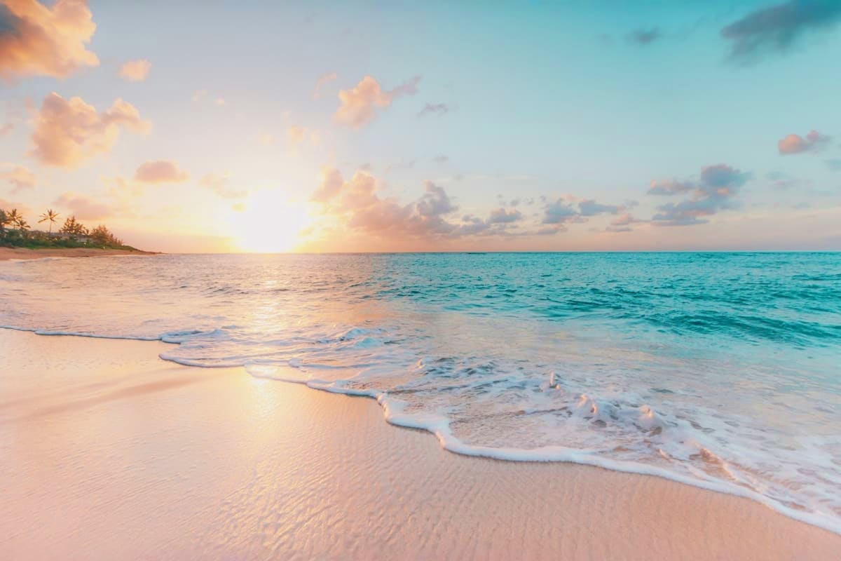 Tropical beach sunset with white sand, turquoise ocean waves, and palm trees along the shoreline at golden hour