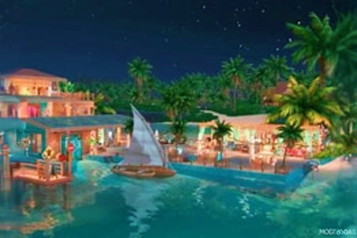 Nighttime tropical coastal scene with illuminated buildings, palm trees, sailboat on turquoise water, and starry sky