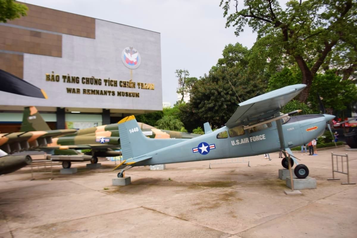 U.S. Air Force reconnaissance aircraft displayed at War Remnants Museum entrance in Ho Chi Minh City, Vietnam