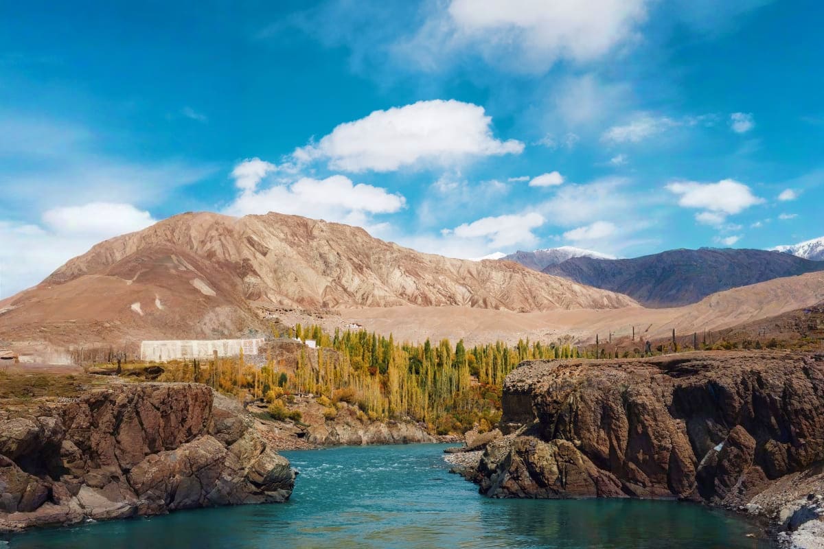 Turquoise river flowing through rocky canyon with poplar trees and barren mountains under blue sky in Caucasus region