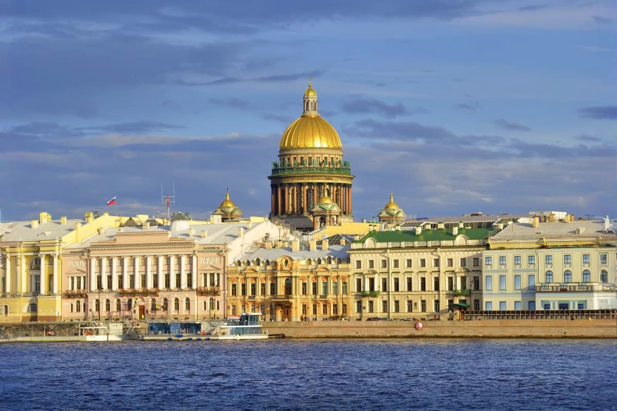 Saint Isaac's Cathedral with golden dome overlooking the Neva River in Saint Petersburg, Russia