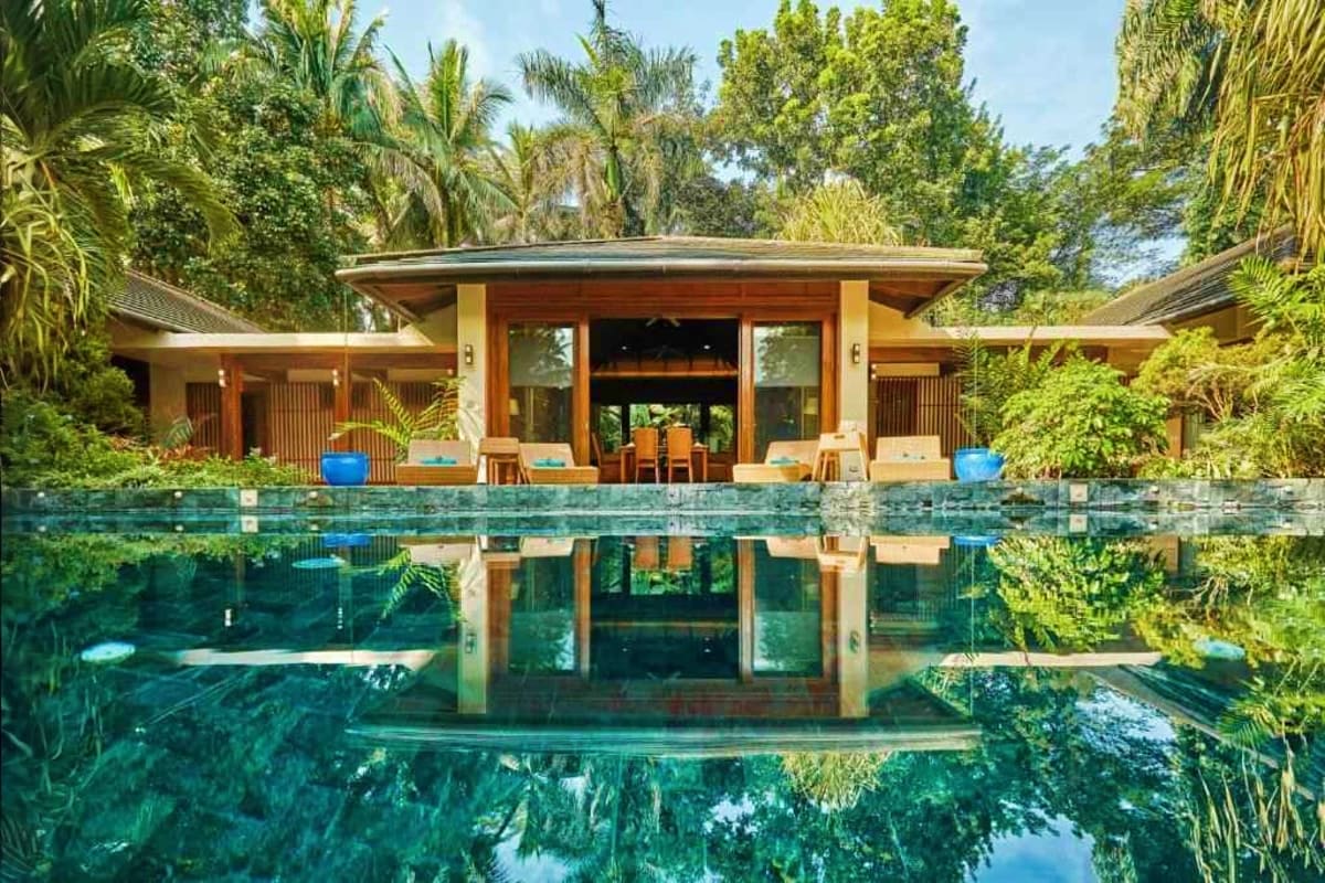 Manila Wellness Retreat Tropical wellness resort with modern wooden pavilion reflected in clear infinity pool surrounded by lush palm trees and veget