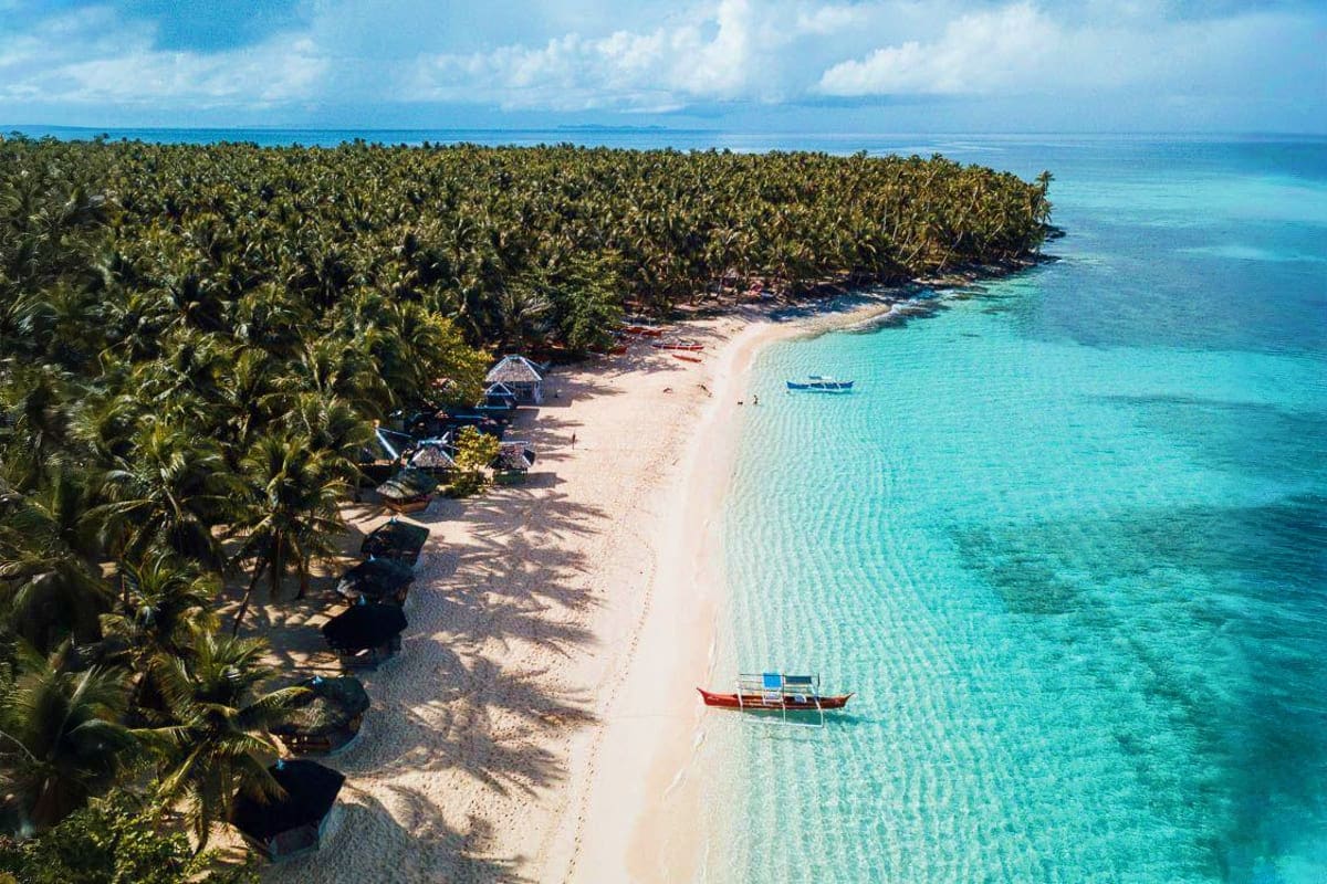 Davao Siargao Wildlife Rafting Package Aerial view of tropical island beach with coconut palm forest, white sand shore, turquoise water, and traditional fishing boa