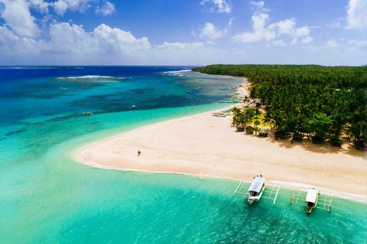 Davao Siargao Wildlife Rafting Package Aerial view of a tropical beach with turquoise waters, white sand, palm trees, and traditional boats docked offshore in the P