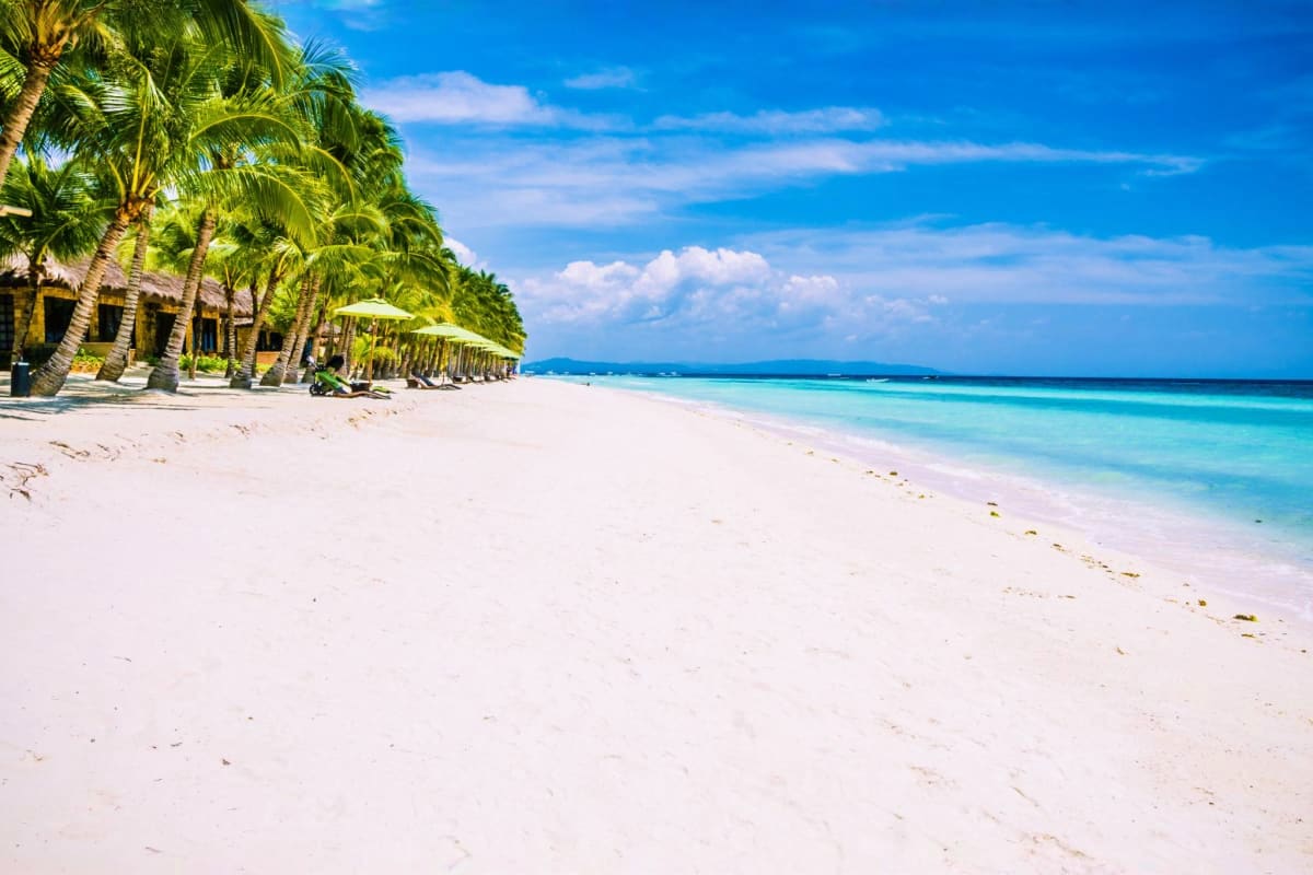 Island Escape Package Tropical beach resort with white sand, palm trees, turquoise ocean water, and beachfront umbrellas under blue sky