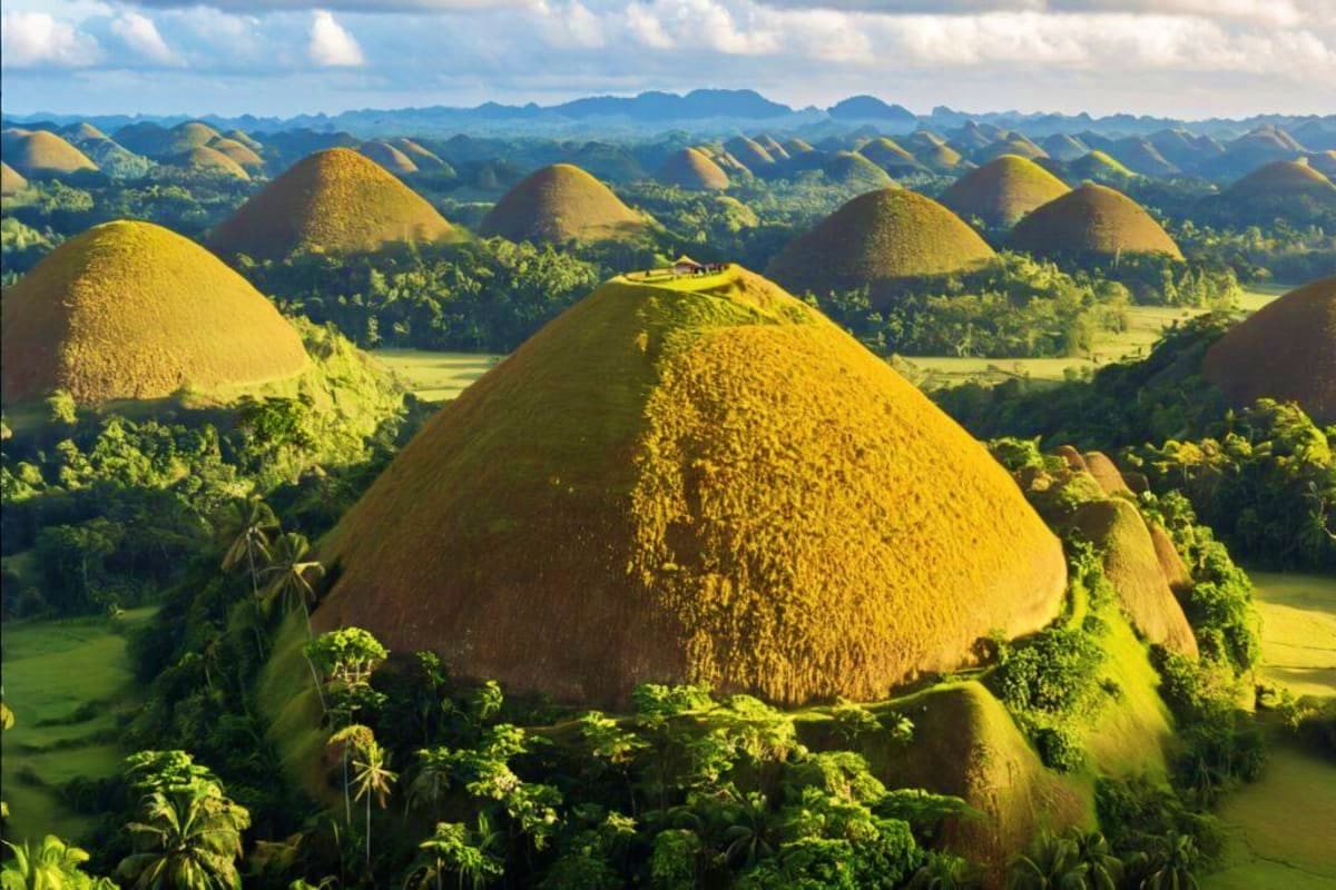 Island Escape Package Aerial view of the Chocolate Hills in Bohol, Philippines, showing hundreds of distinctive cone-shaped limestone formations co